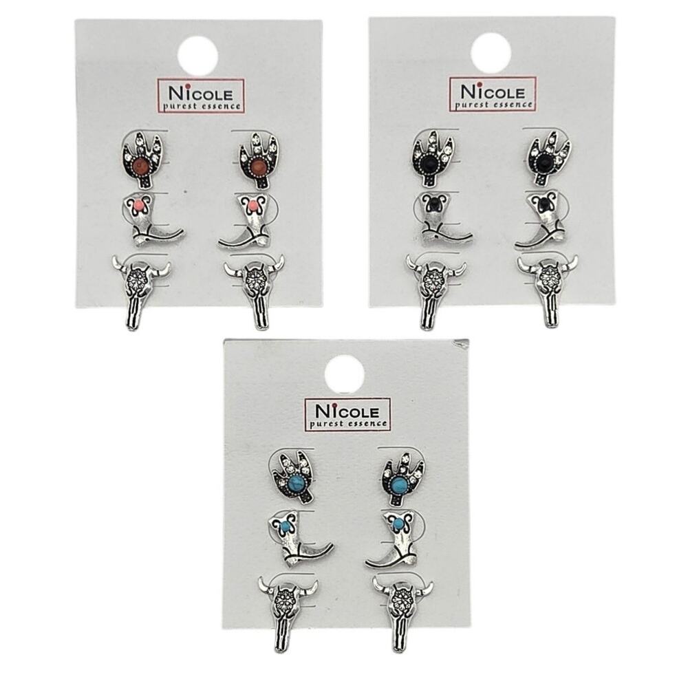 3 Sets of Southwest Cowboy Boot, Cactus & Longhorn Stud Earrings #CR4365